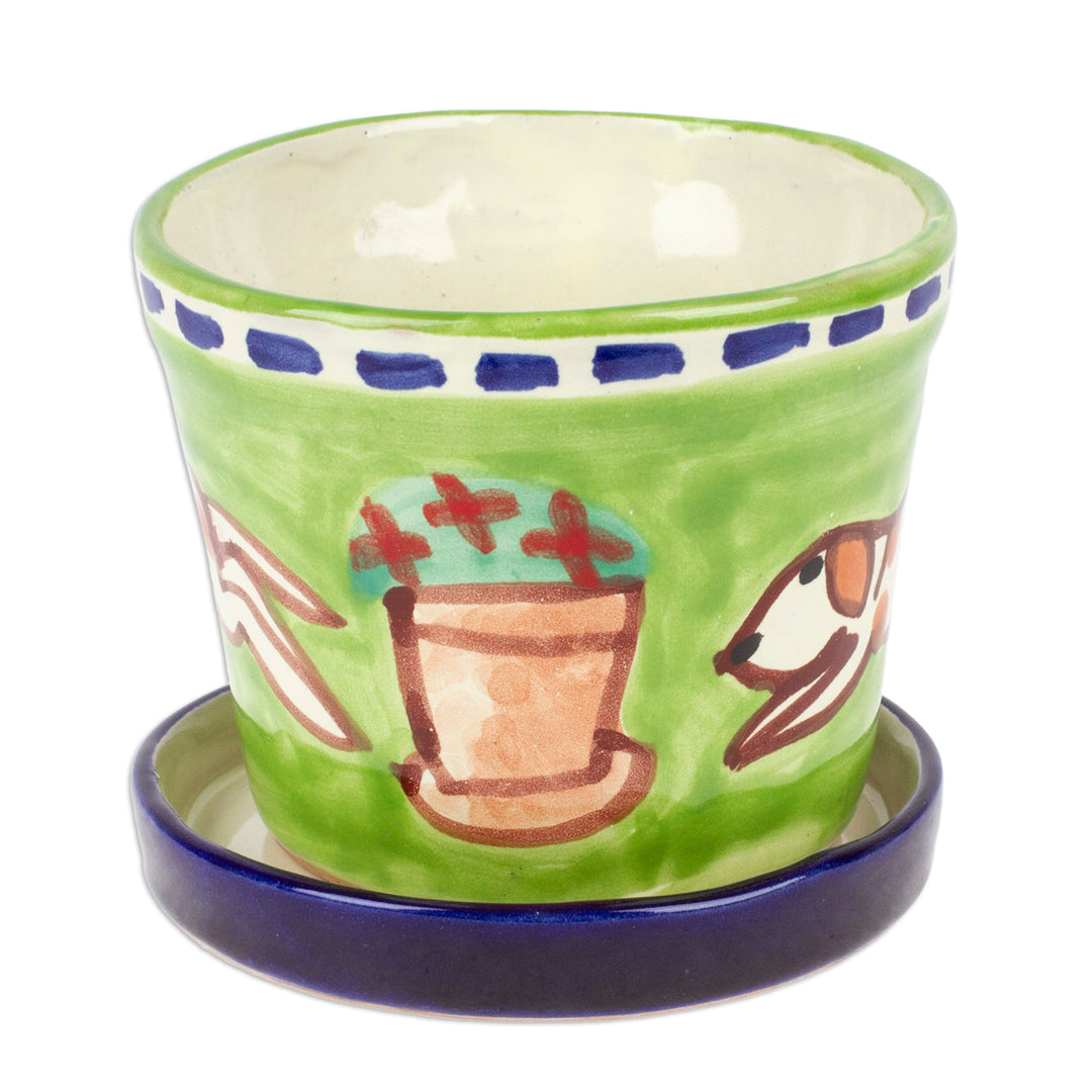 Naïf Dog-Themed Green Ceramic Flower Pot and Saucer (Small) - Petite Merry Dogs