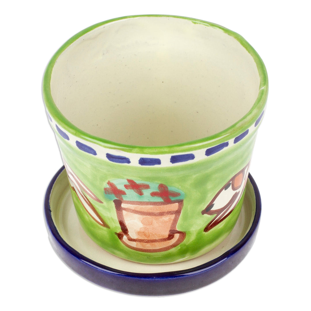 Naïf Dog-Themed Green Ceramic Flower Pot and Saucer (Small) - Petite Merry Dogs
