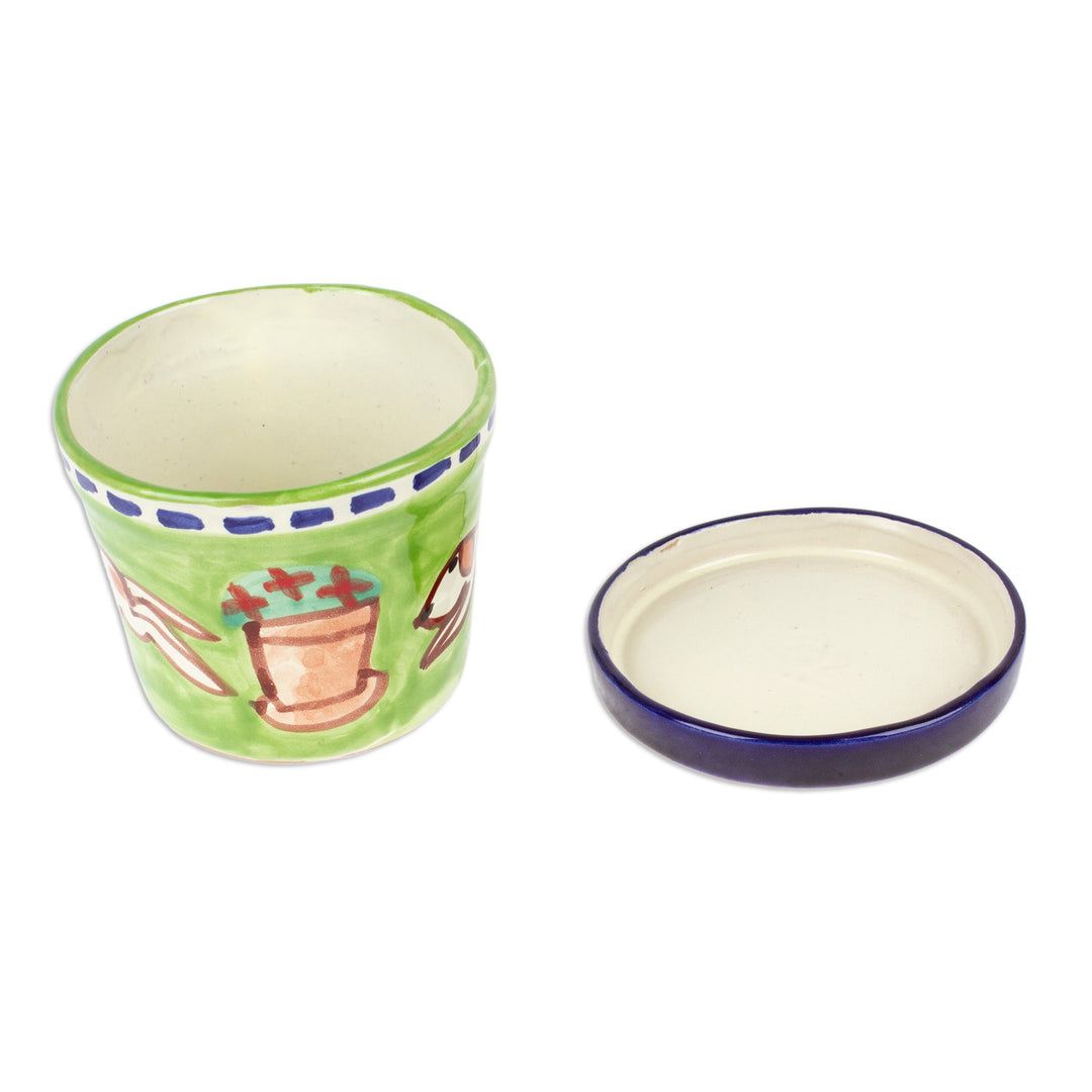Naïf Dog-Themed Green Ceramic Flower Pot and Saucer (Small) - Petite Merry Dogs