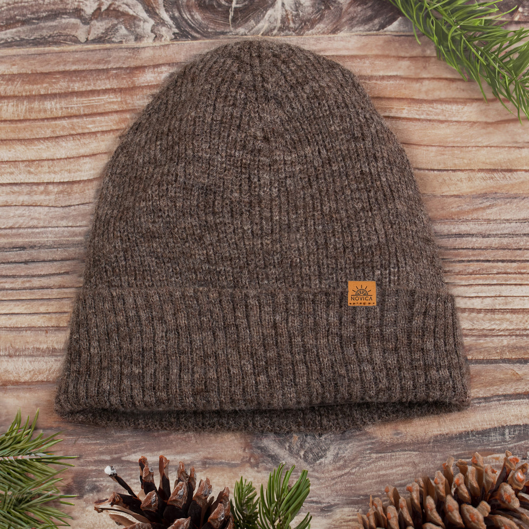 Alpaca and Wool Blend Knit Beanie Hat in Mushroom Brown - Mushroom Age