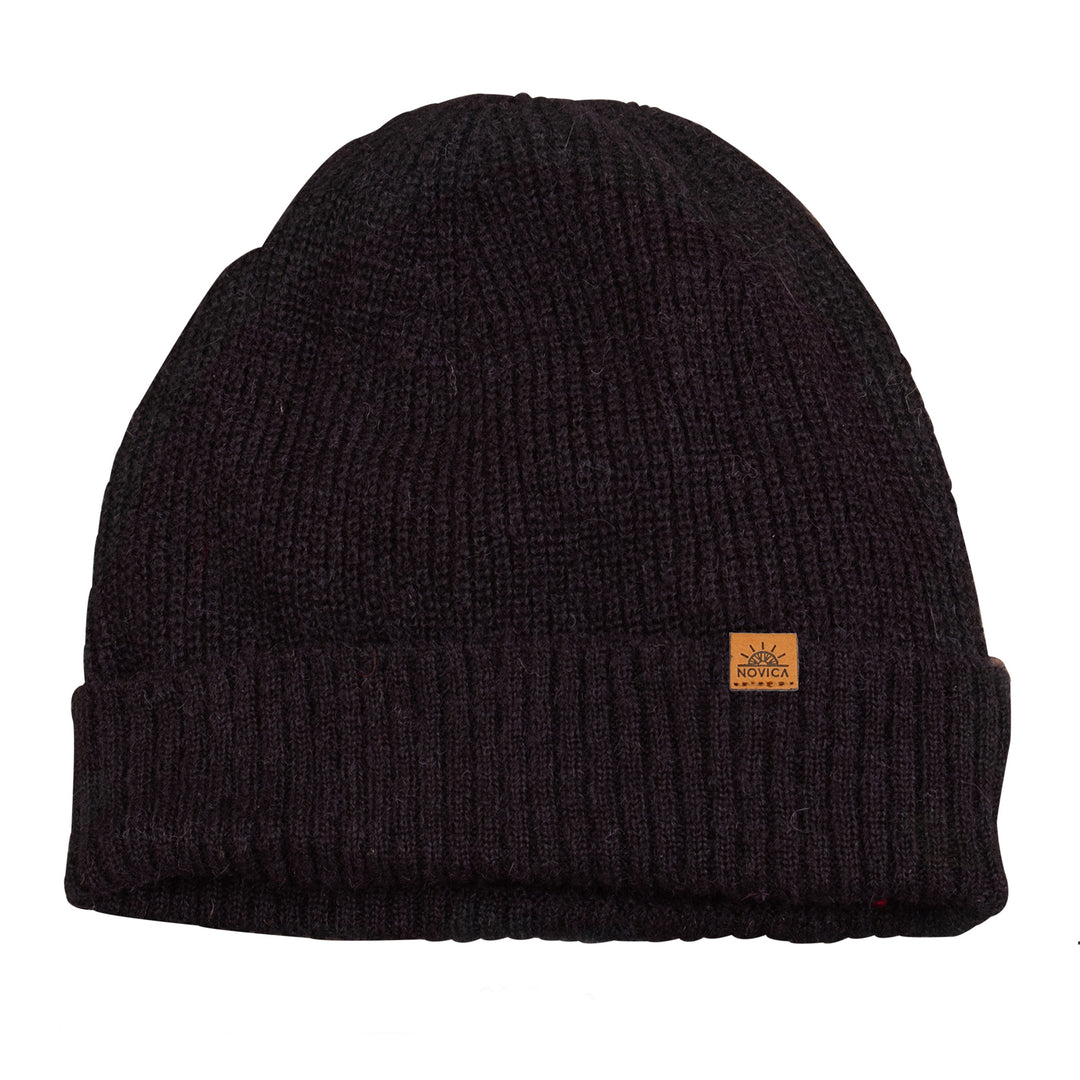 Alpaca and Wool Blend Knit Beanie Hat in Onyx Black - Dark Age