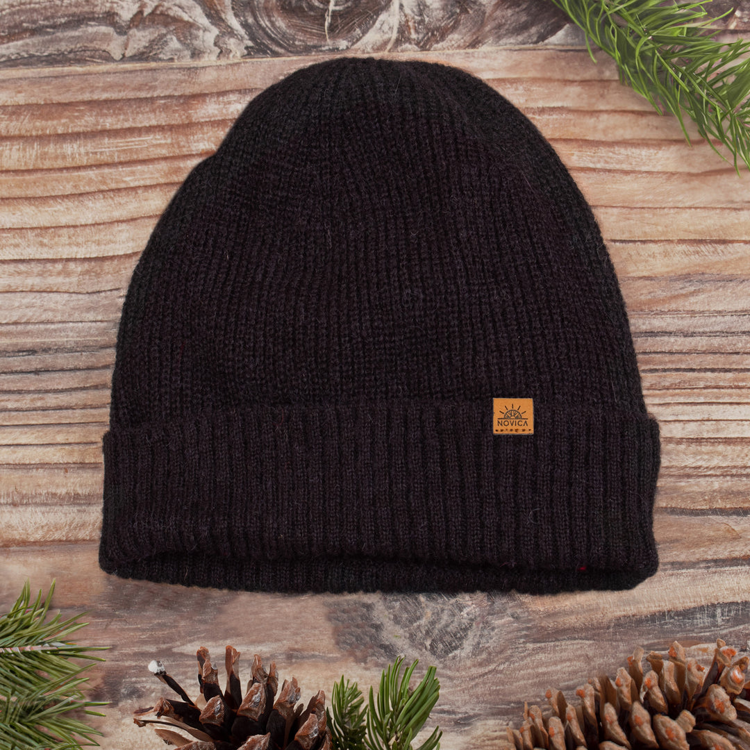 Alpaca and Wool Blend Knit Beanie Hat in Onyx Black - Dark Age