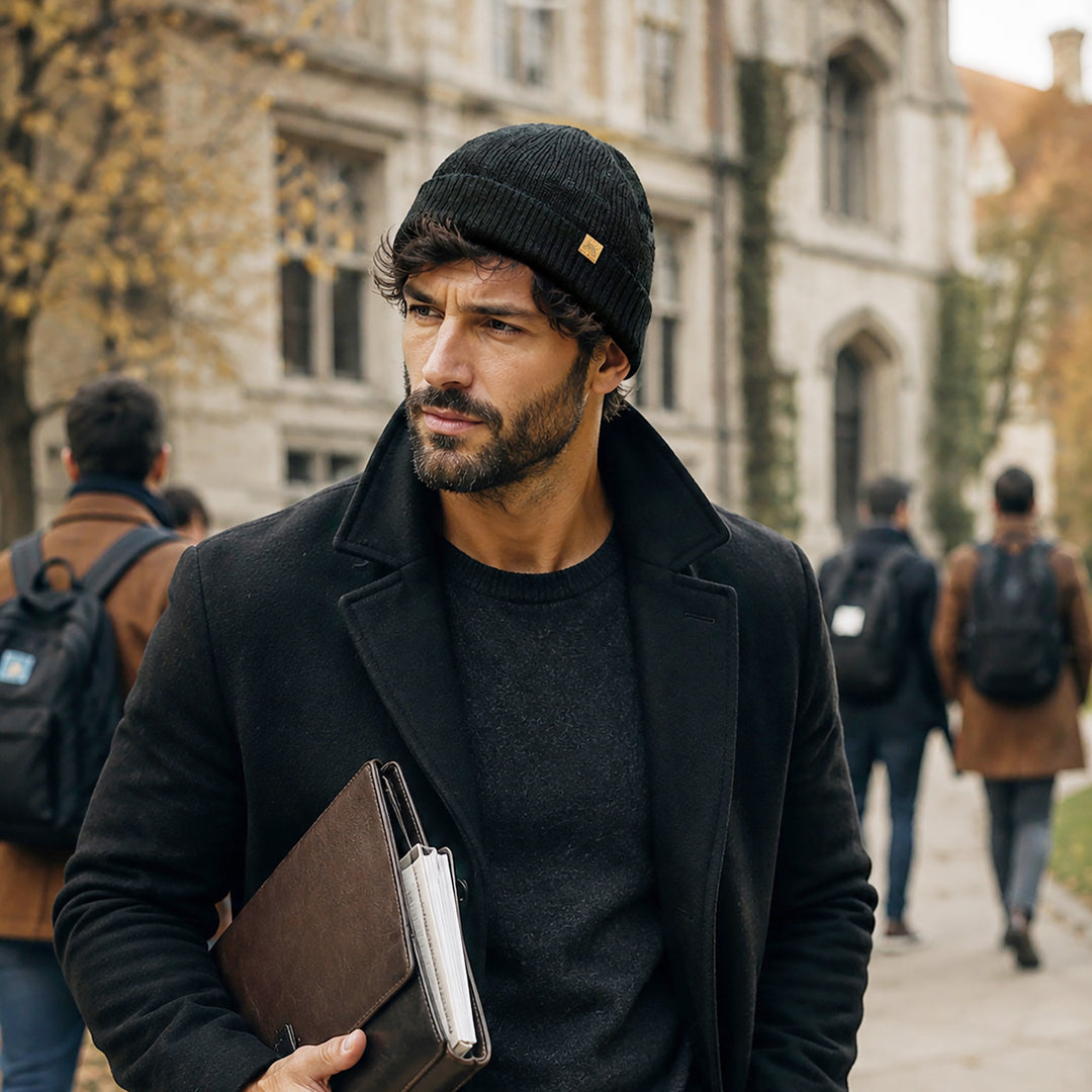 Alpaca and Wool Blend Knit Beanie Hat in Onyx Black - Dark Age
