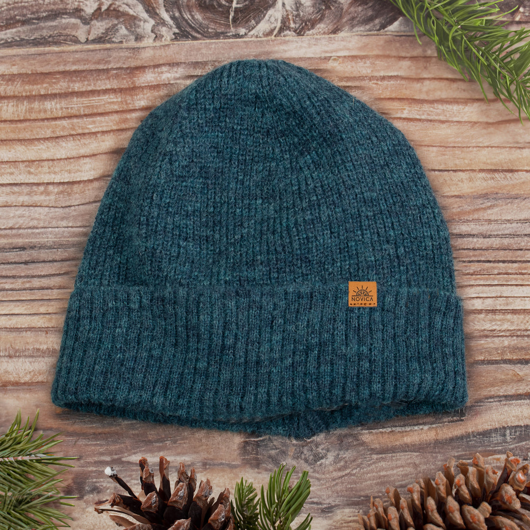 Alpaca and Wool Blend Knit Beanie Hat in Peacock Teal - Peacock Age