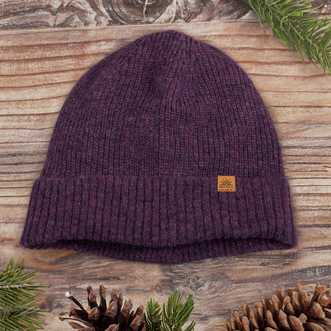 Alpaca and Wool Blend Knit Beanie Hat in Boysenberry Purple - Boysenberry Age