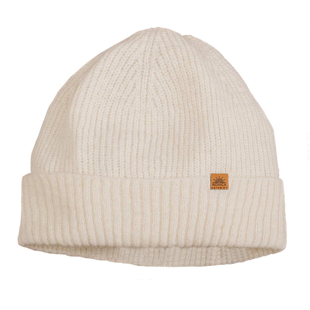 Knit Ribbed Baby Alpaca and Wool Blend Beanie Hat in Ivory - Ivory Inspiration