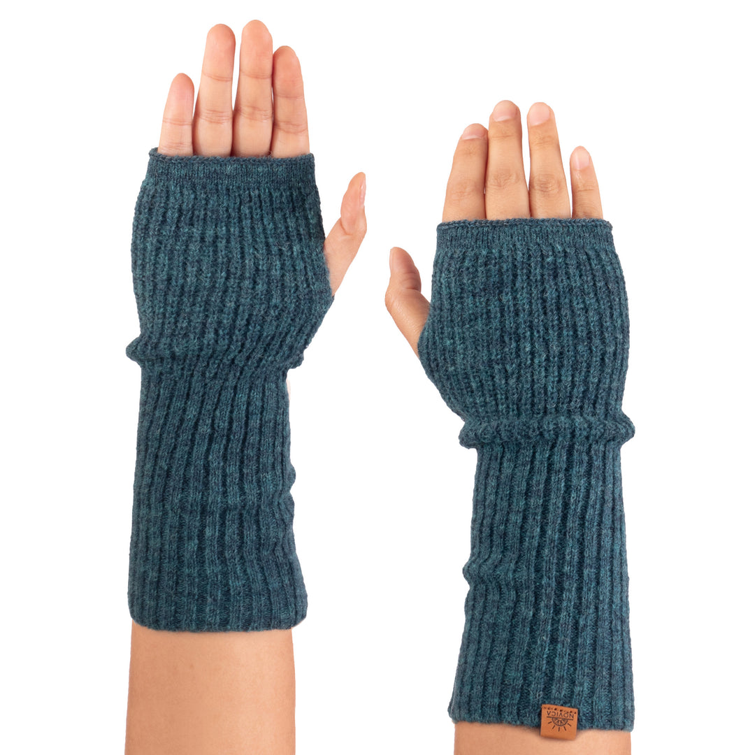 Knit Alpaca and Wool Blend Fingerless Mitts in Peacock Green - Peacock Epoch