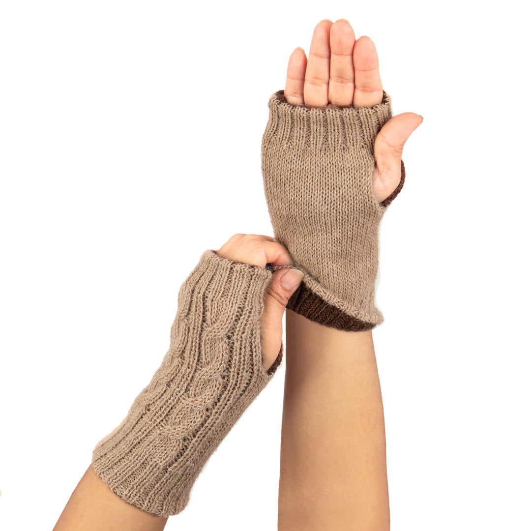 Brown and Camel 100% Alpaca Reversible Fingerless Mittens - Chestnut and Camel Glam