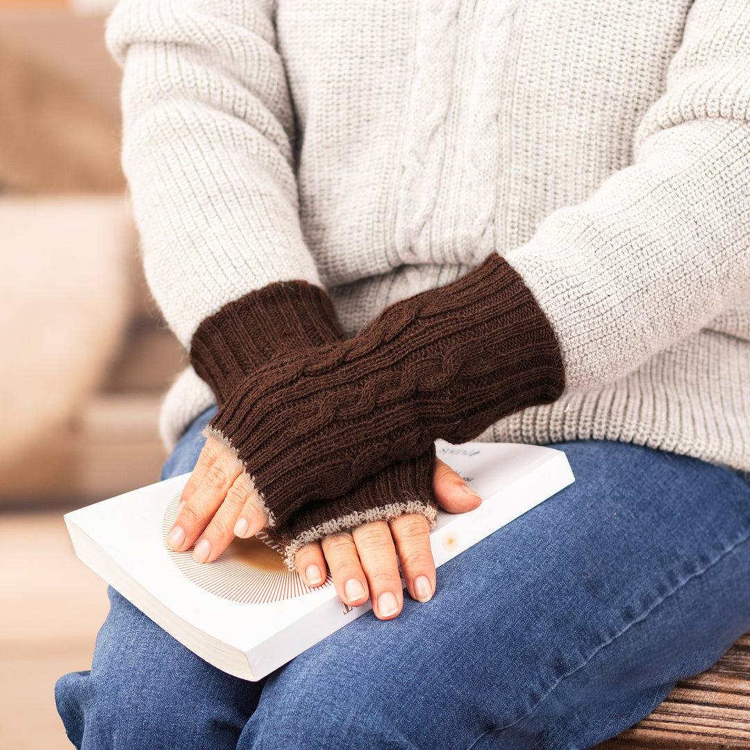 Brown and Camel 100% Alpaca Reversible Fingerless Mittens - Chestnut and Camel Glam