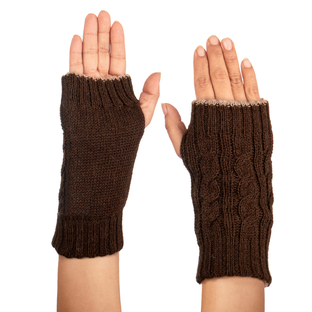 Brown and Camel 100% Alpaca Reversible Fingerless Mittens - Chestnut and Camel Glam