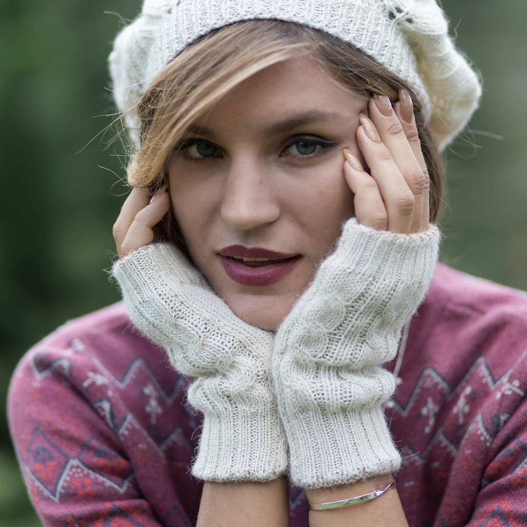 Ivory and Brown 100% Alpaca Reversible Fingerless Mittens - Sand & Sky