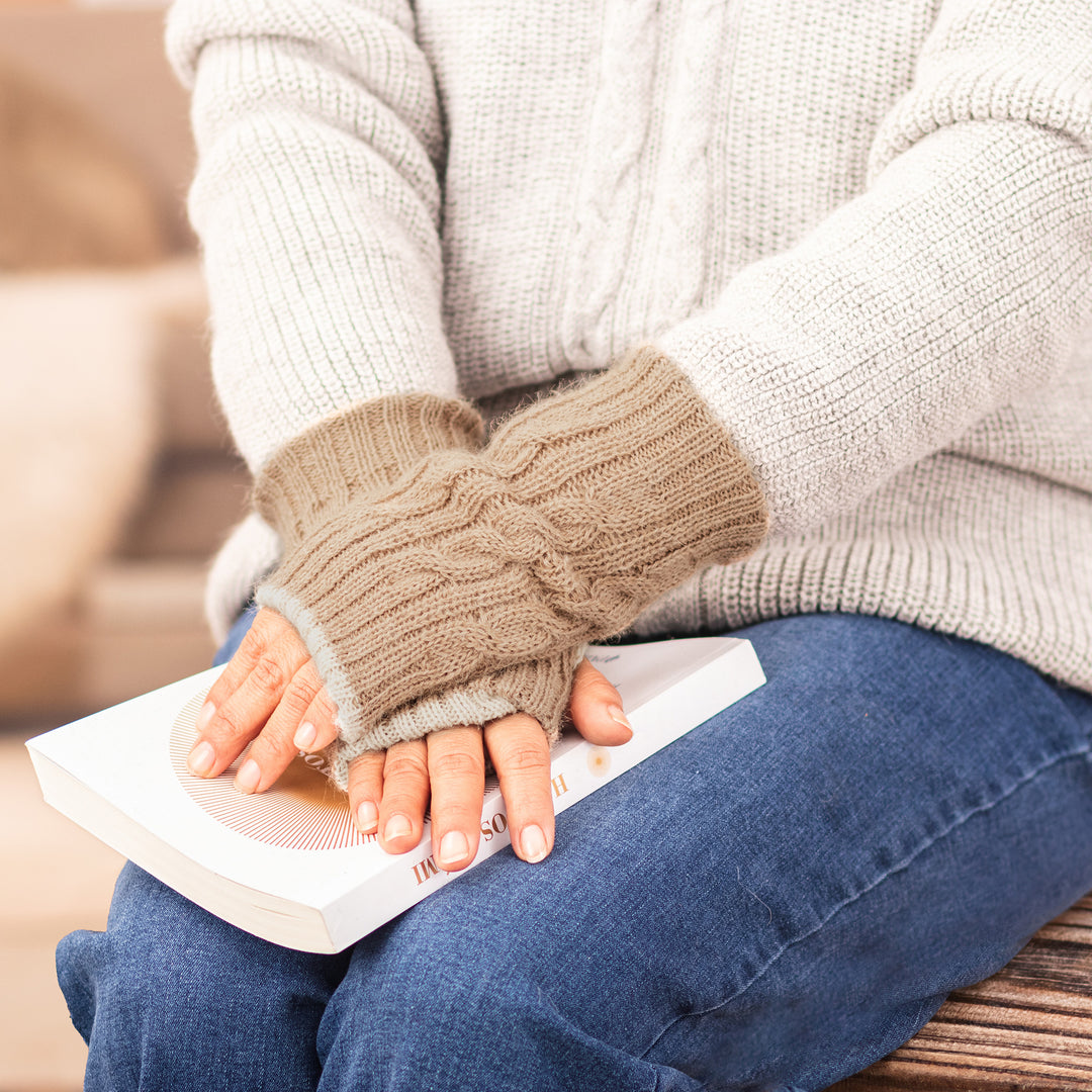 Ivory and Brown 100% Alpaca Reversible Fingerless Mittens - Sand & Sky
