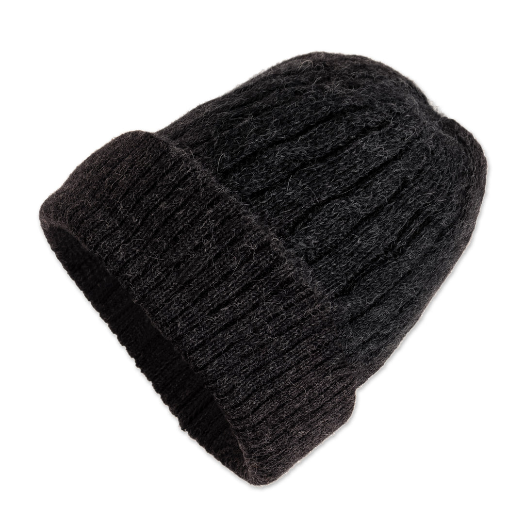 100% Alpaca Knit Textured Beanie Hat in Grey Hue from Peru - Charcoal Style
