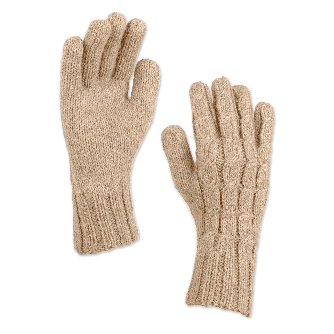 100% Alpaca Cable Knit Gloves in Beige Shade from Peru - Sand Braid