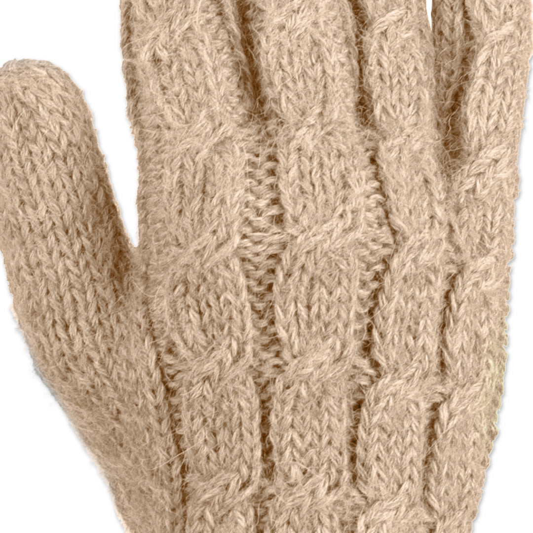 100% Alpaca Cable Knit Gloves in Beige Shade from Peru - Sand Braid