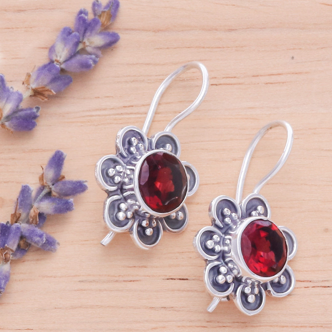 Floral Faceted Natural Two-Carat Garnet Drop Earrings - Spring in Scarlet