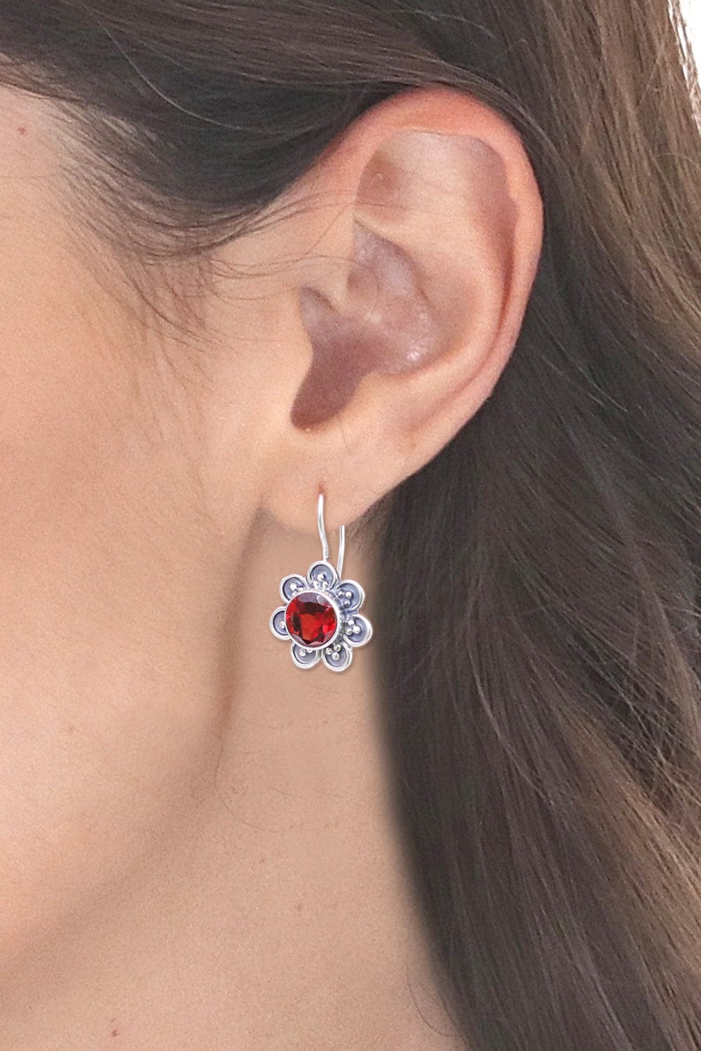 Floral Faceted Natural Two-Carat Garnet Drop Earrings - Spring in Scarlet