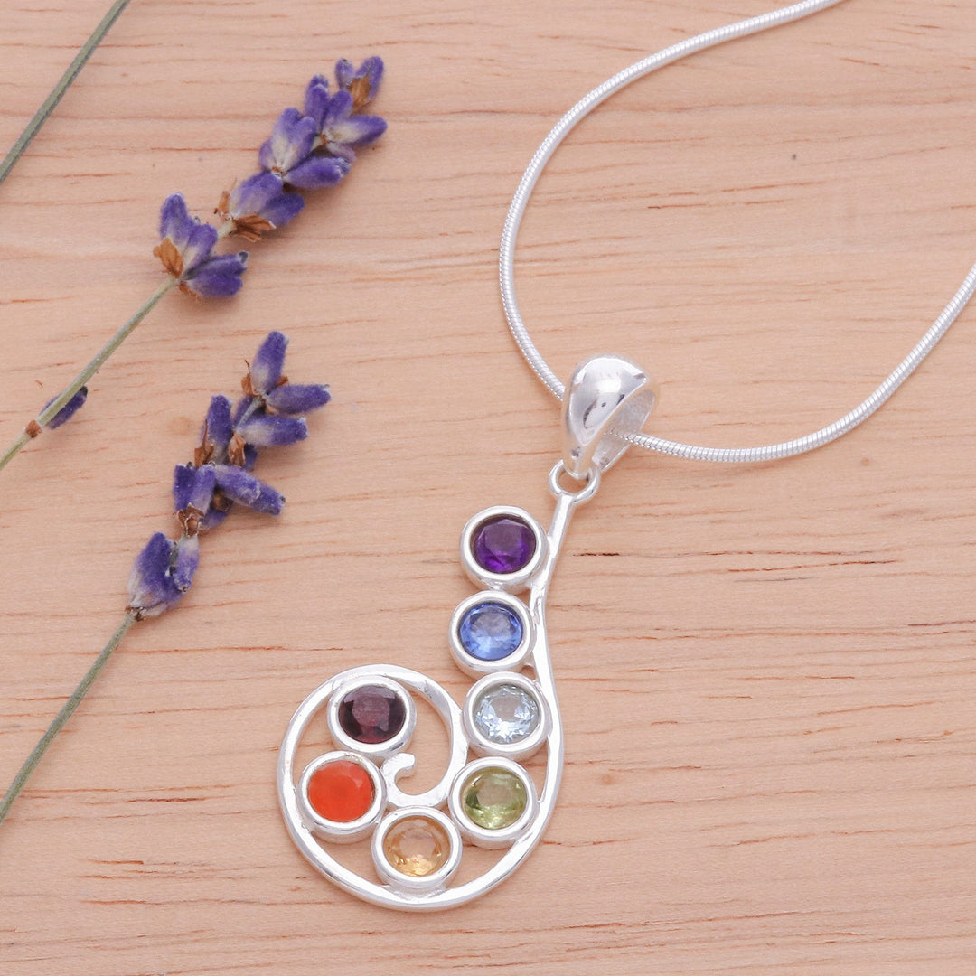 Chakra-Themed Spiral Multi-Gemstone Pendant Necklace - Seven Centers
