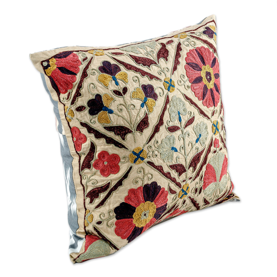 Embroidered Silk Blend Cushion Cover with Floral Details - Symbolic Suzani