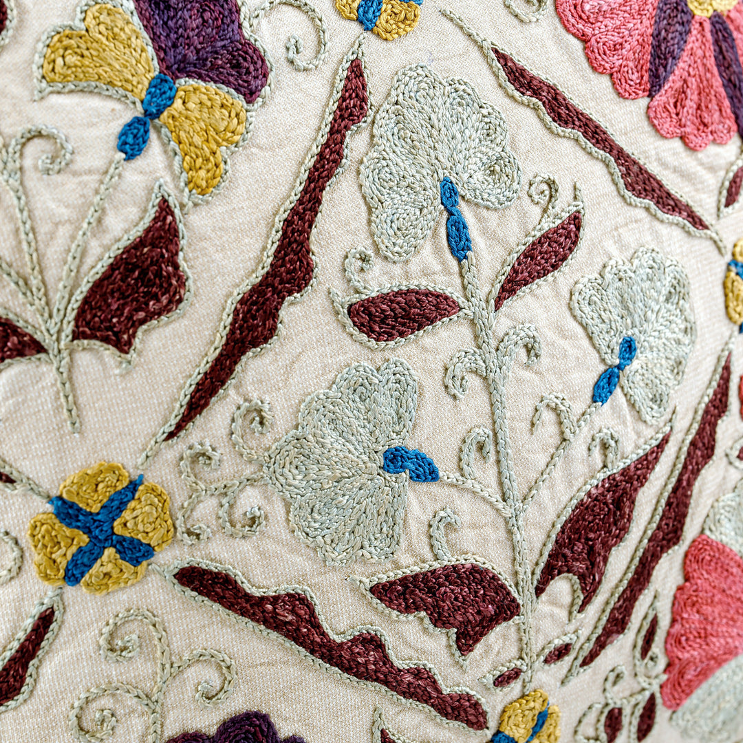 Embroidered Silk Blend Cushion Cover with Floral Details - Symbolic Suzani