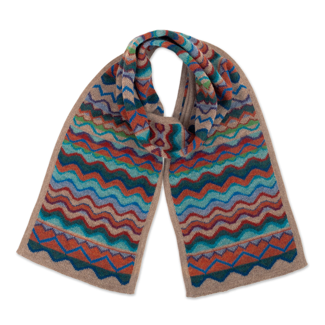 Colorful Knit 100% Alpaca Scarf with Wavy and Zigzag Motifs - Andean Vista