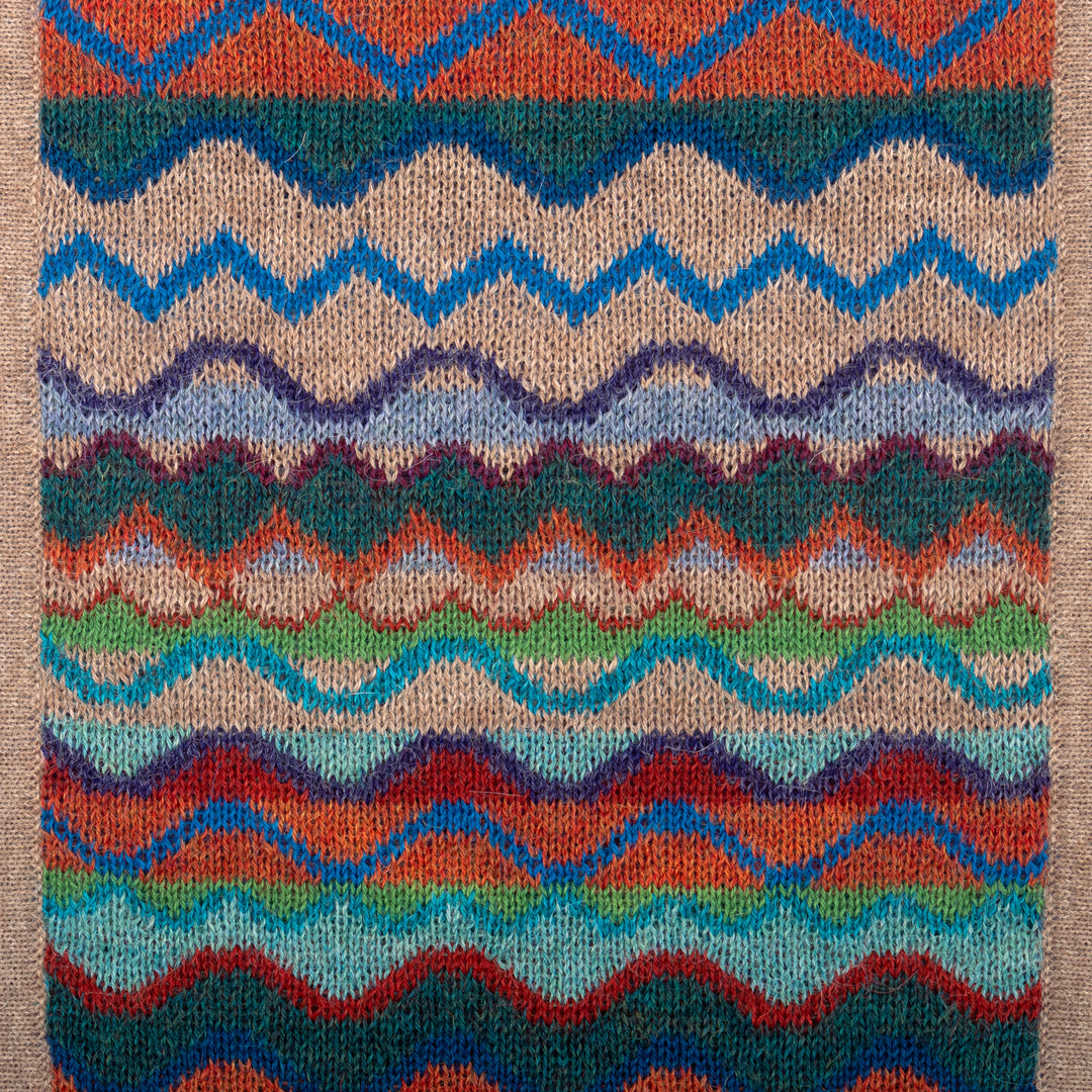 Colorful Knit 100% Alpaca Scarf with Wavy and Zigzag Motifs - Andean Vista