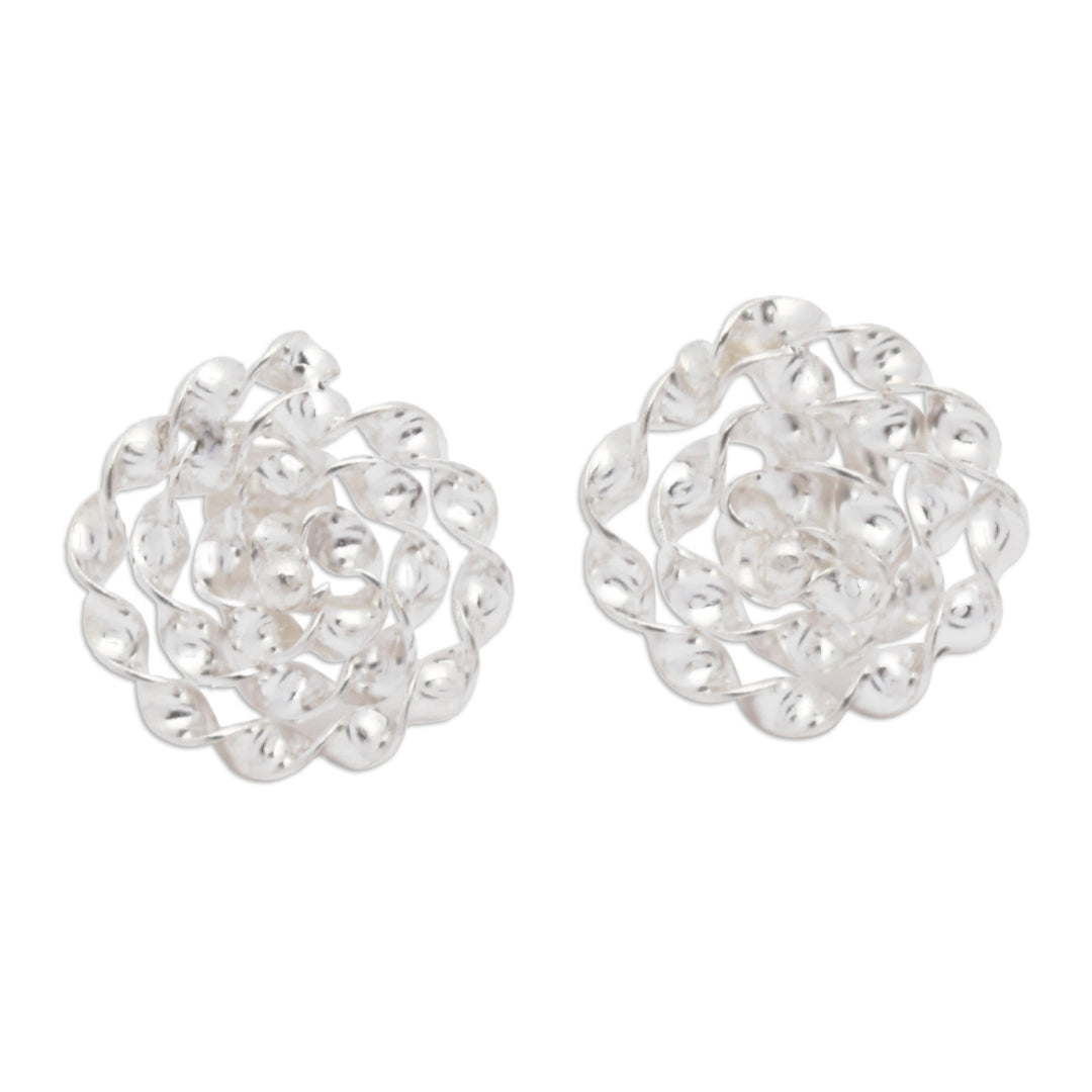 Torsade Spiral-Themed Sterling Silver Button Earrings - Rattan Spirals