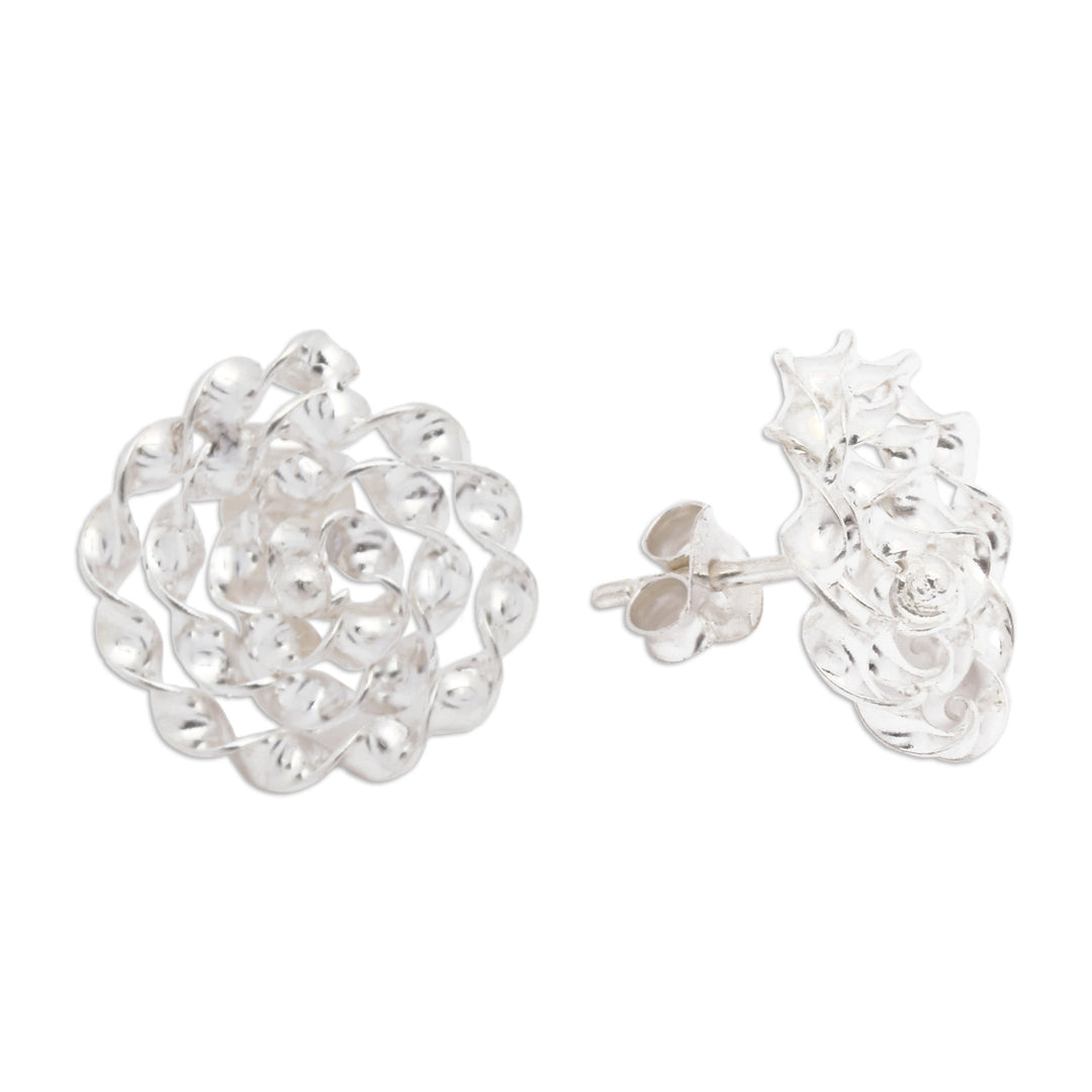 Torsade Spiral-Themed Sterling Silver Button Earrings - Rattan Spirals