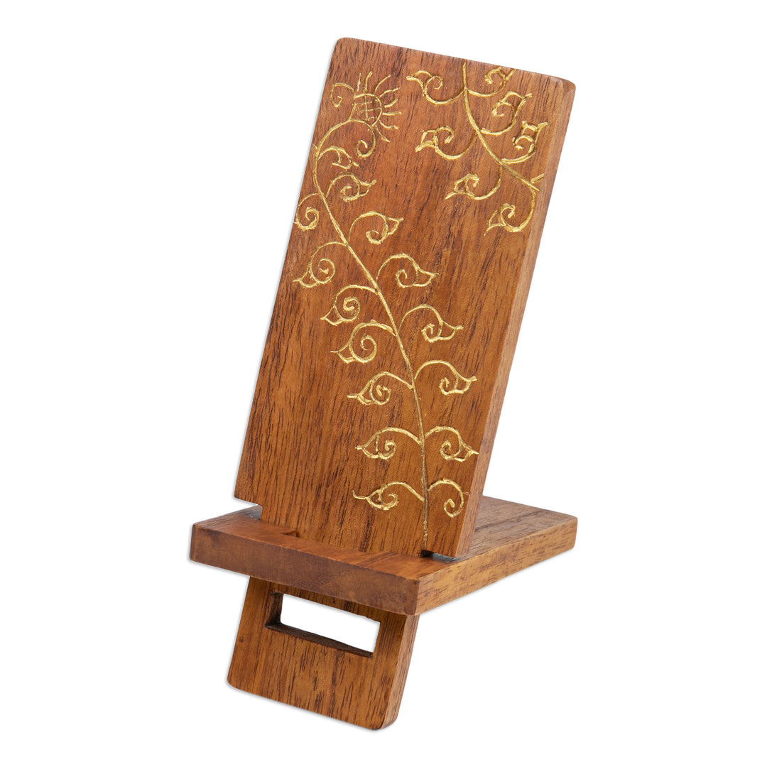 Hand-Carved and Painted Wood Phone Stand with Floral Motif - Glitter Flower