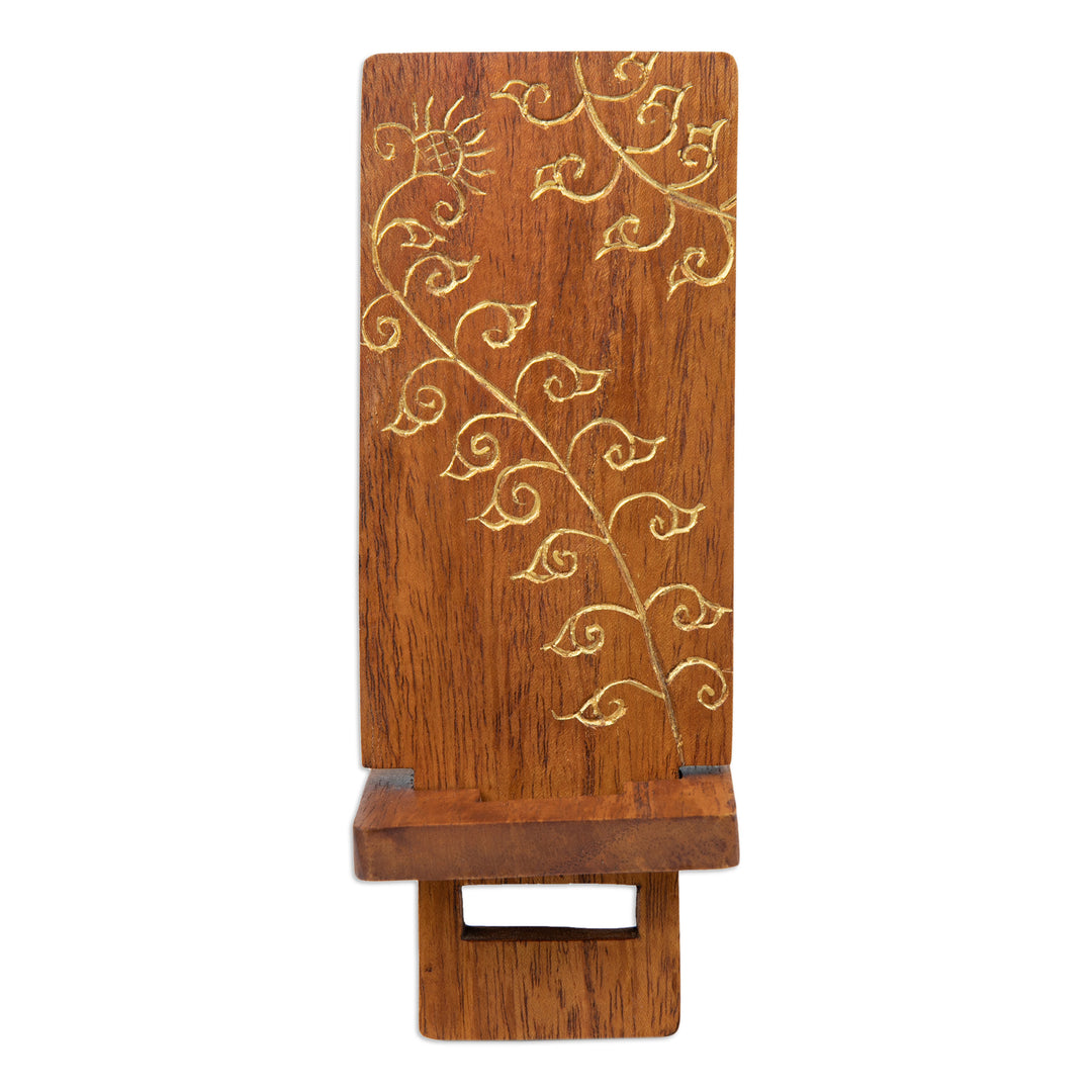 Hand-Carved and Painted Wood Phone Stand with Floral Motif - Glitter Flower