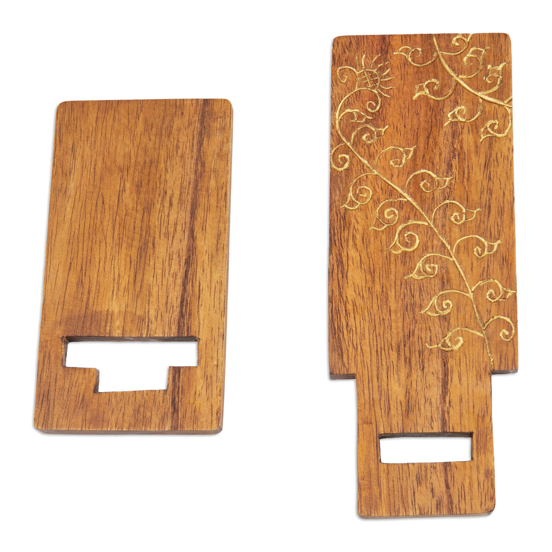 Hand-Carved and Painted Wood Phone Stand with Floral Motif - Glitter Flower