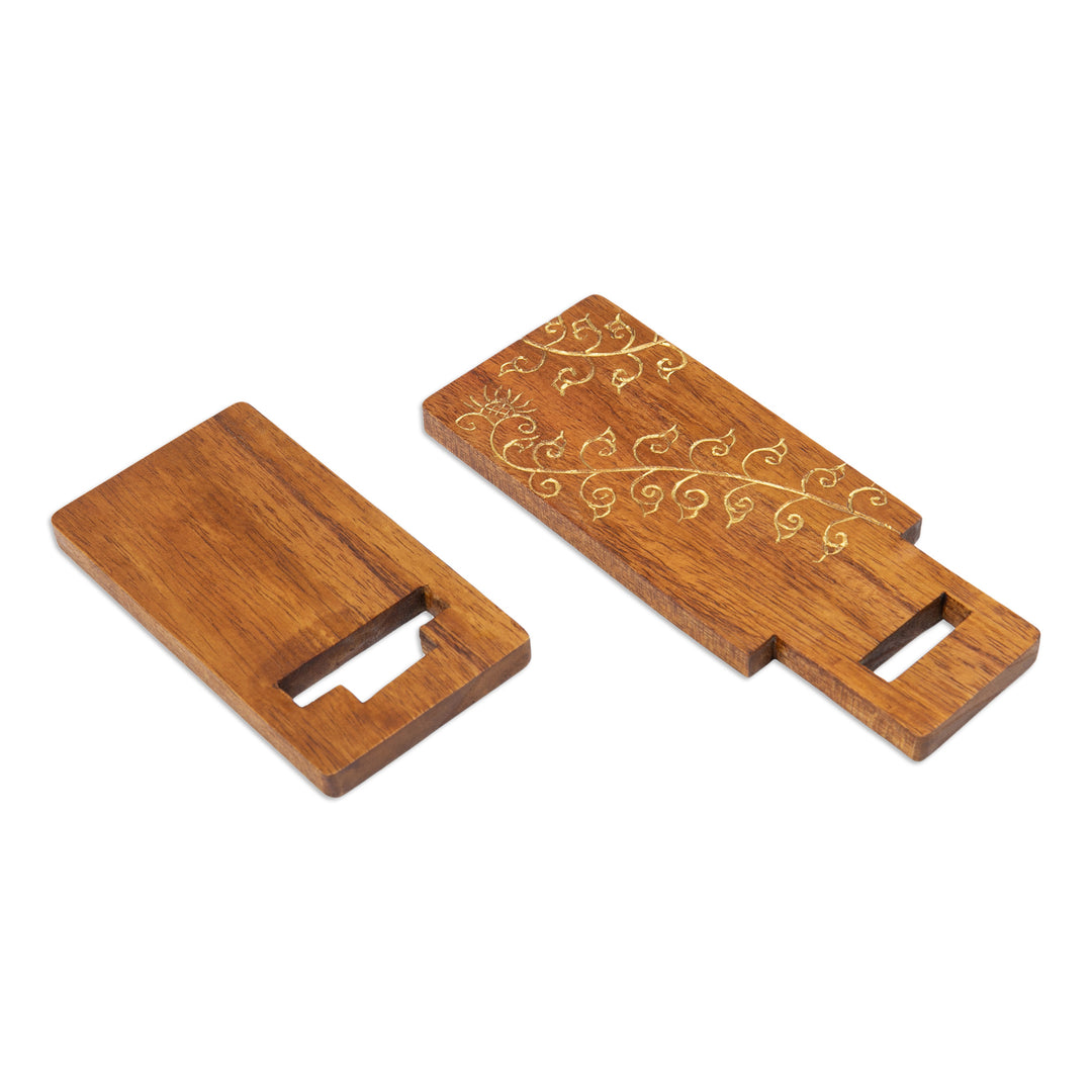 Hand-Carved and Painted Wood Phone Stand with Floral Motif - Glitter Flower
