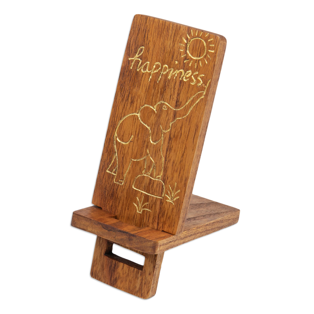 Hand-Carved and Painted Wood Phone Stand with Elephant Motif - Happy Elephant