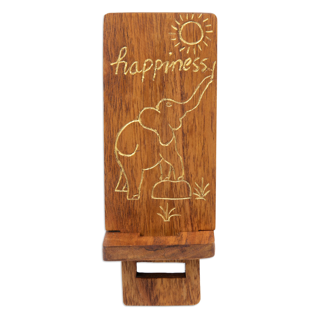Hand-Carved and Painted Wood Phone Stand with Elephant Motif - Happy Elephant