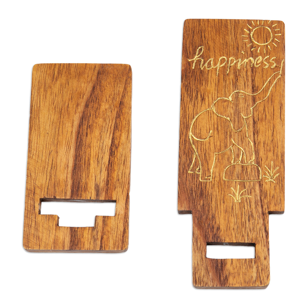 Hand-Carved and Painted Wood Phone Stand with Elephant Motif - Happy Elephant