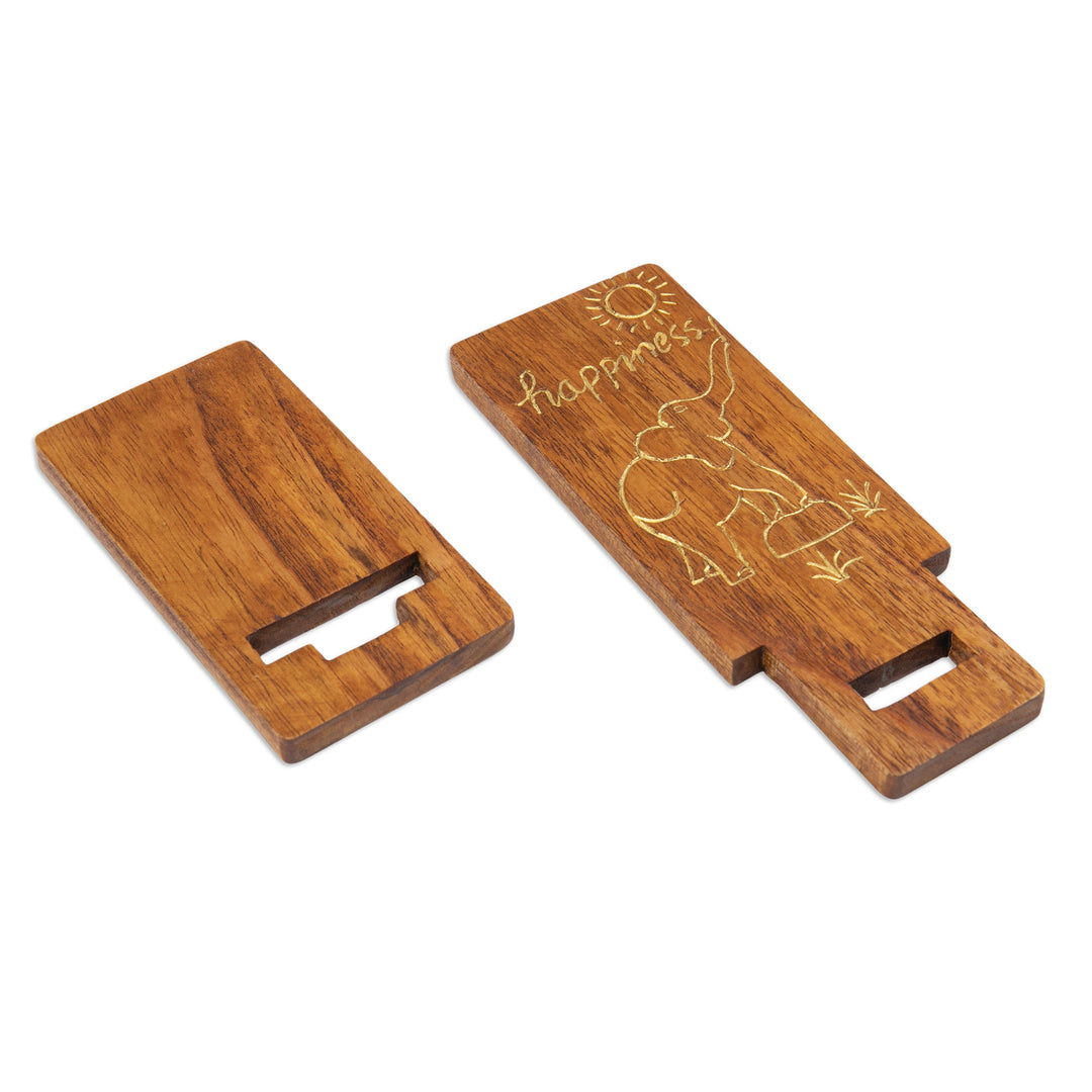 Hand-Carved and Painted Wood Phone Stand with Elephant Motif - Happy Elephant