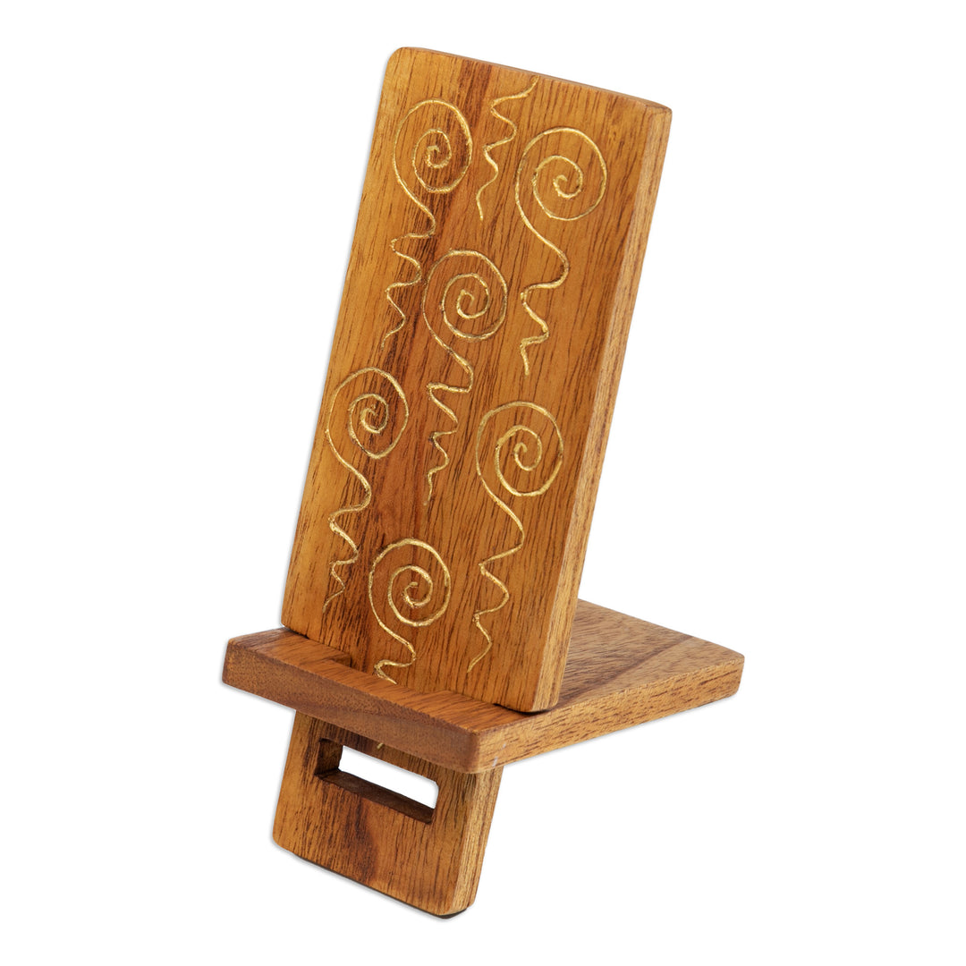 Hand-Carved and Painted Wood Phone Stand with Spiral Motifs - Hypnotic Spirals