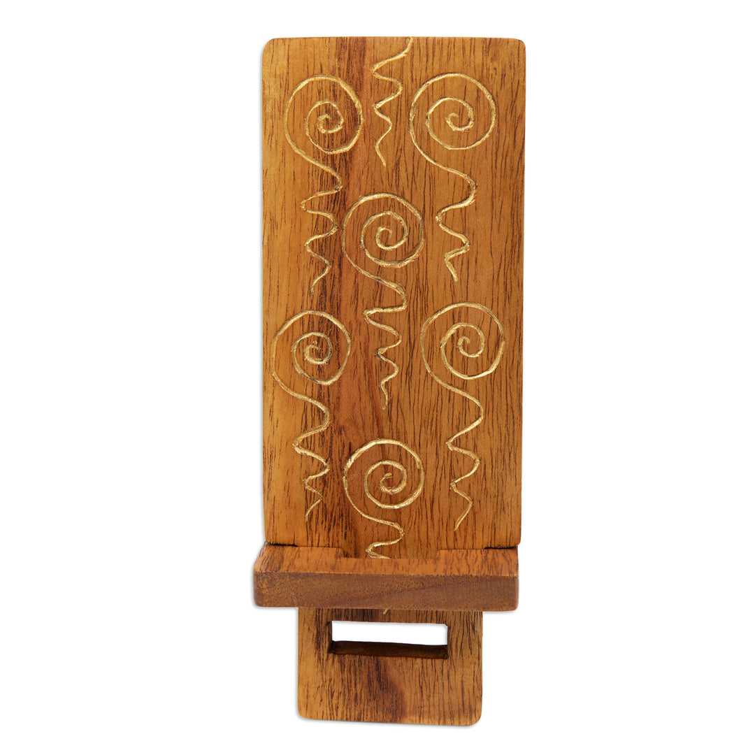 Hand-Carved and Painted Wood Phone Stand with Spiral Motifs - Hypnotic Spirals