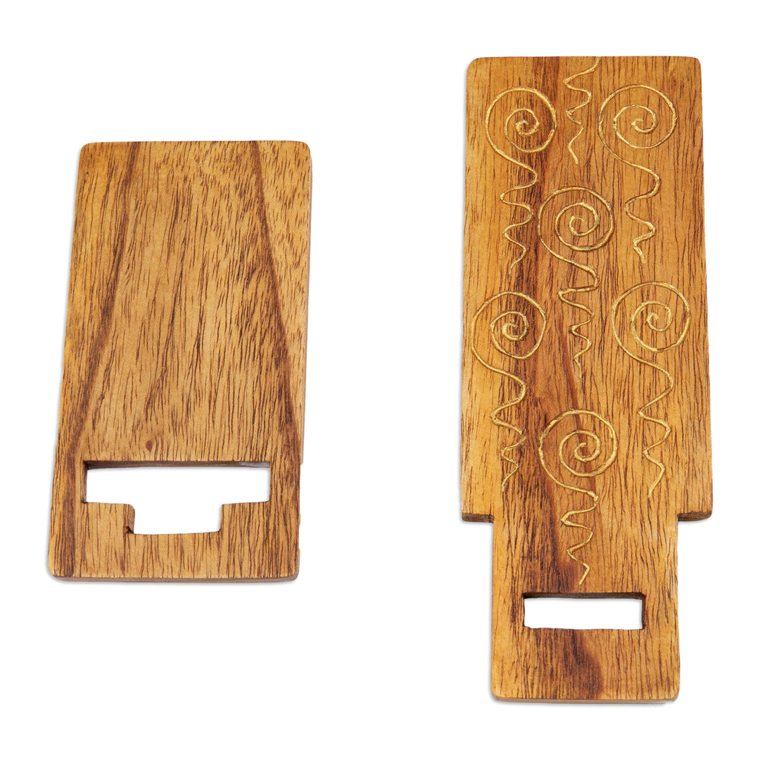 Hand-Carved and Painted Wood Phone Stand with Spiral Motifs - Hypnotic Spirals