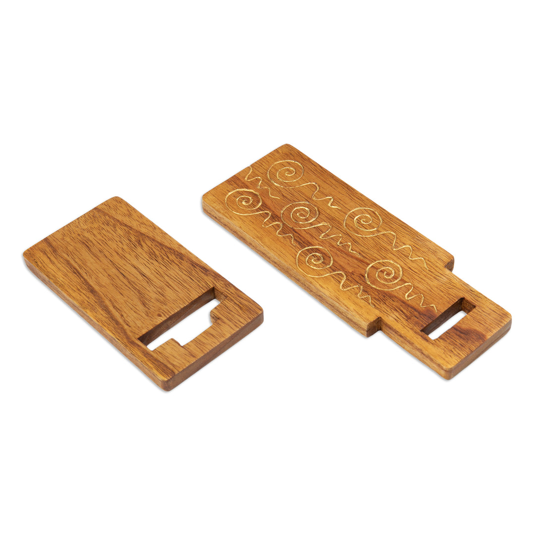 Hand-Carved and Painted Wood Phone Stand with Spiral Motifs - Hypnotic Spirals