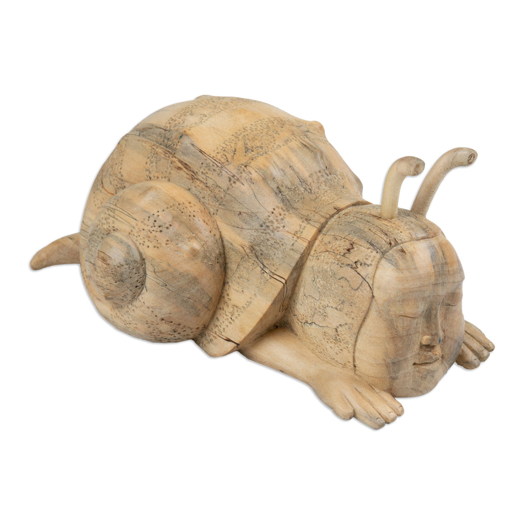 Whimsical Wood Sculpture of a Snail Man Hand-Carved in Bali - Relaxed Snail Man