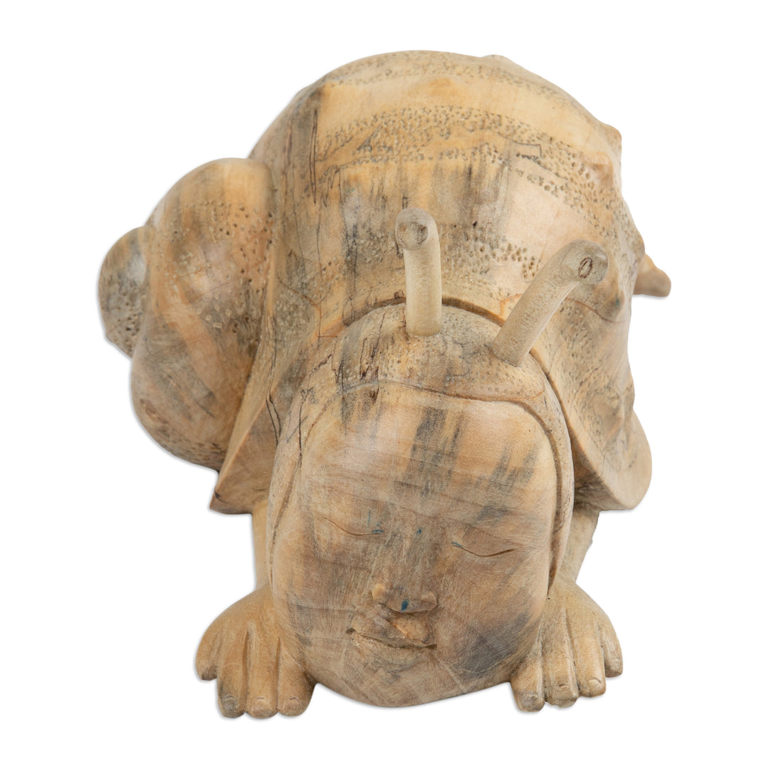 Whimsical Wood Sculpture of a Snail Man Hand-Carved in Bali - Relaxed Snail Man