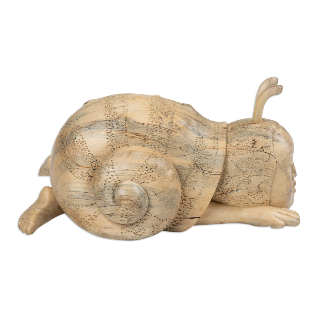 Whimsical Wood Sculpture of a Snail Man Hand-Carved in Bali - Relaxed Snail Man