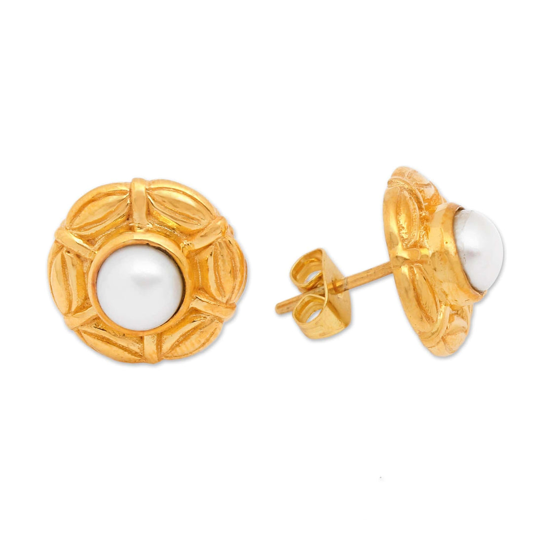 22k Gold-plated Cultured Pearl Umbrella Button Earrings - Pearly Umbrella