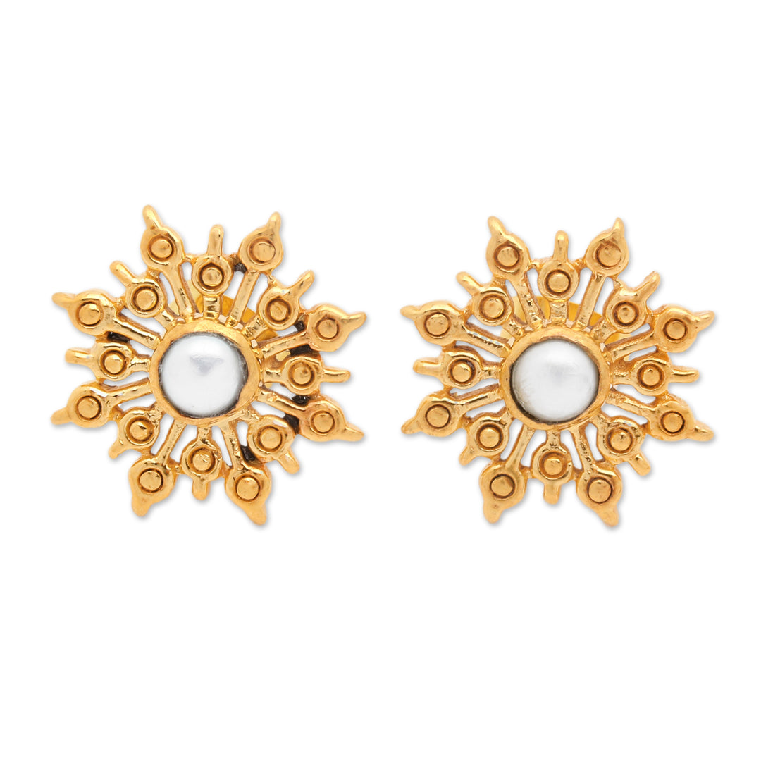 22k Gold-plated Cultured Pearl Chakra Button Earrings - Oceanic Chakra