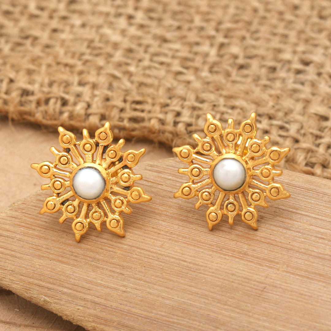 22k Gold-plated Cultured Pearl Chakra Button Earrings - Oceanic Chakra