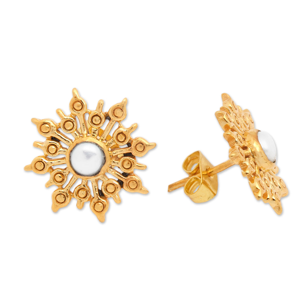 22k Gold-plated Cultured Pearl Chakra Button Earrings - Oceanic Chakra