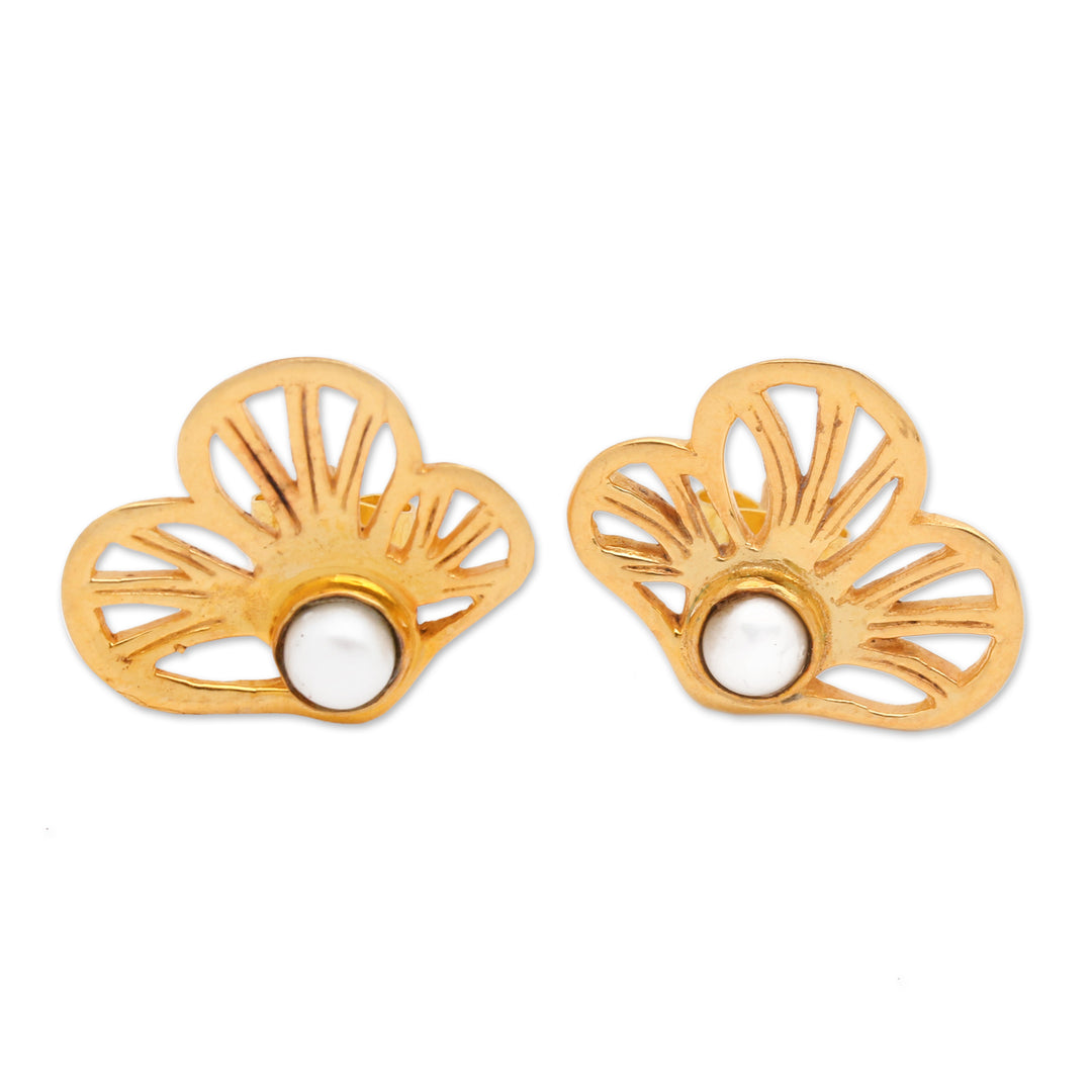 22k Gold-plated Cultured Pearl Clover Button Earrings - Marine Clover