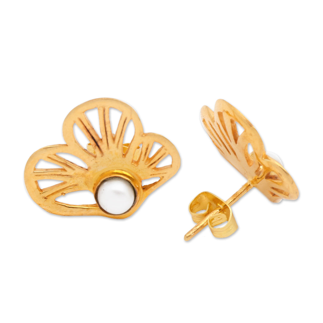 22k Gold-plated Cultured Pearl Clover Button Earrings - Marine Clover