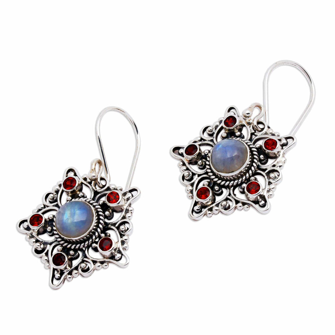5-Carat Garnet and Rainbow Moonstone Star Dangle Earrings - Starry Romance